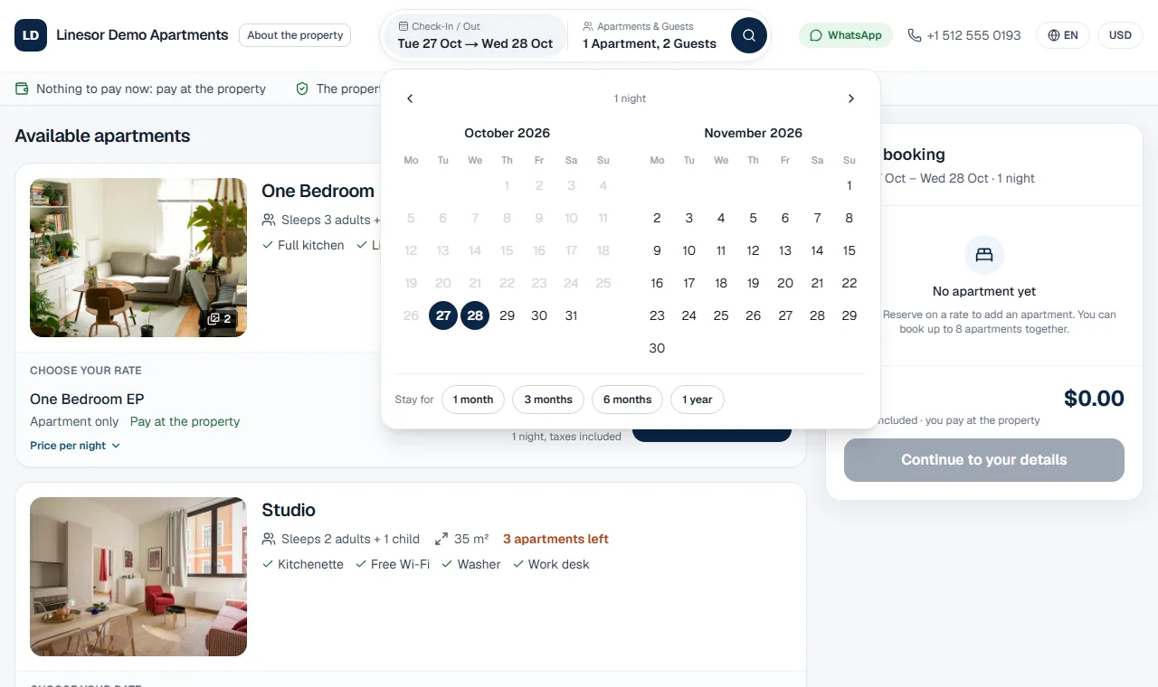 An apartment building's booking engine made with Linesor, with buttons for stays of 1, 3, 6 and 12 months