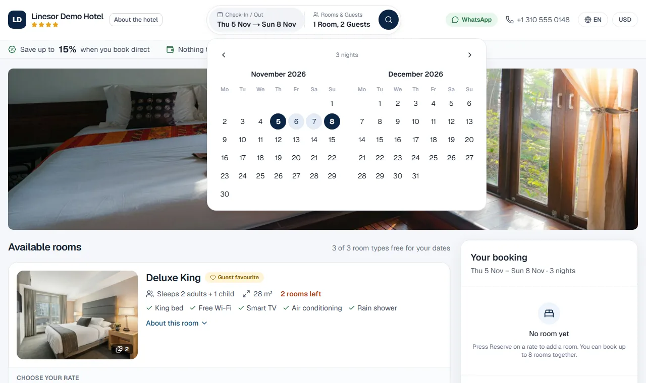 A hotel's booking engine made with Linesor: the guest picks check-in and check-out on a two-month calendar
