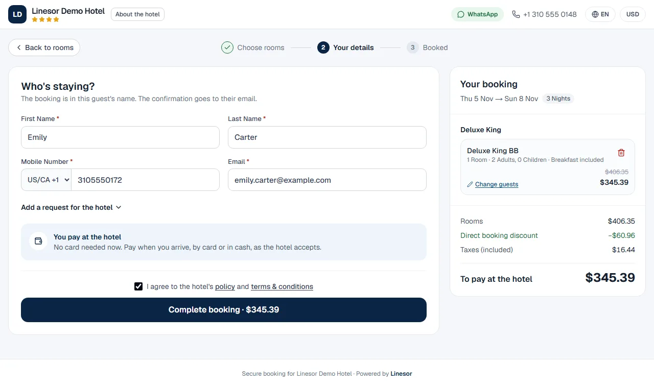 The guest enters their name, mobile number and email and completes the booking, paying at the hotel