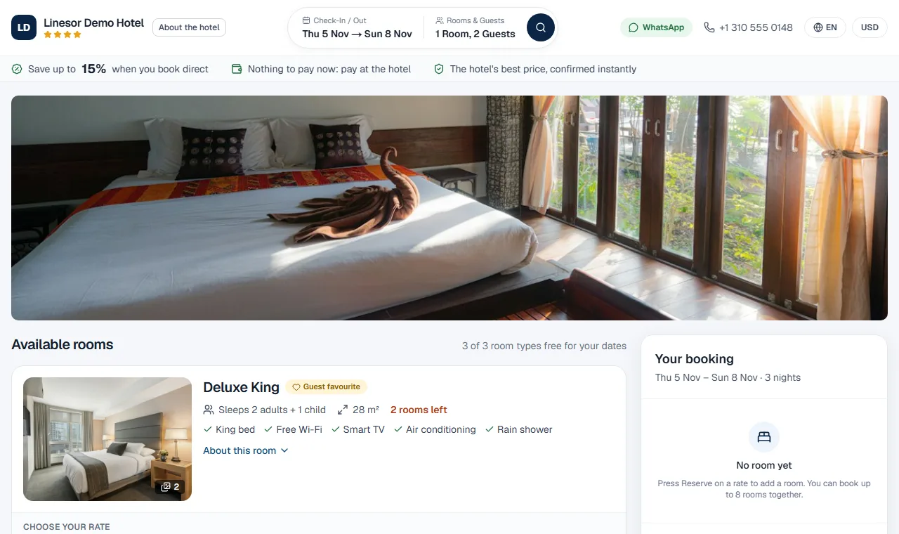 A hotel's booking engine made with Linesor: rooms, photos, rates and the guest's booking