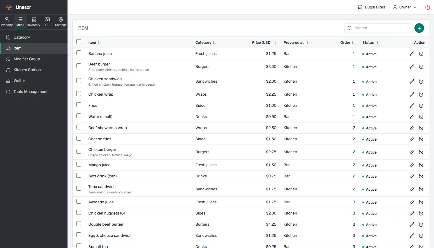 Linesor POS back office: the menu's items with their category, price and the station that prepares them