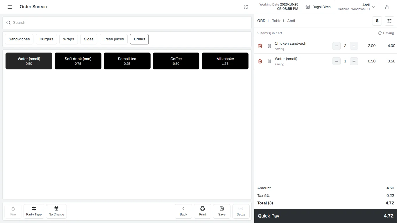 Linesor POS order screen: menu categories, items and the bill