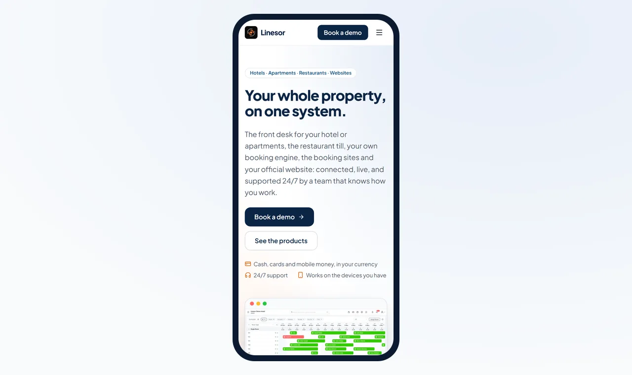 linesor.com on a phone: the same website, laid out for a small screen